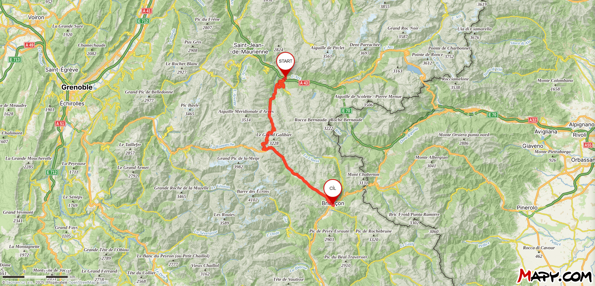 Mapa průsmyku Col du Galibier