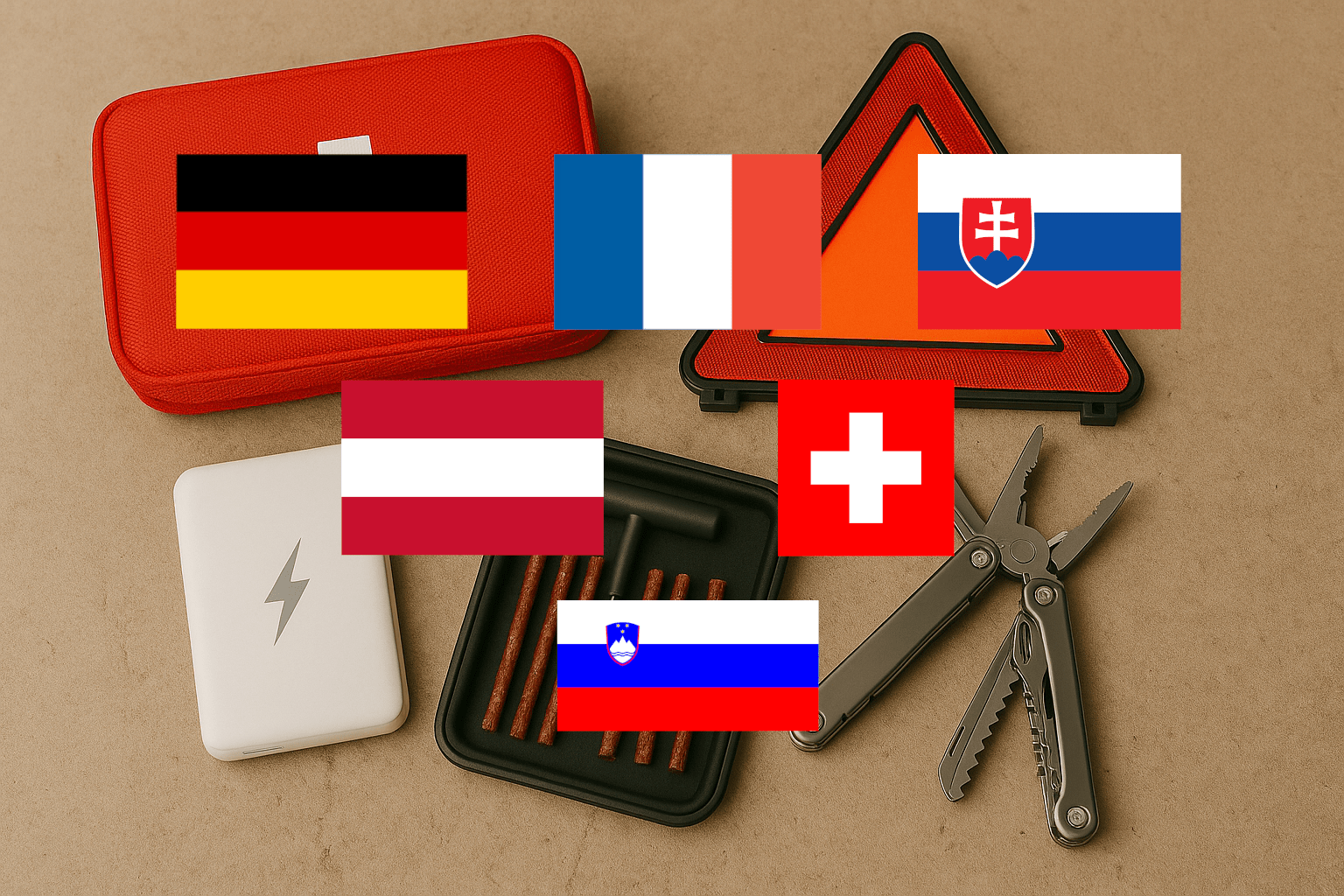 Lékárnička, výstražný trojúhelník, powerbanka, sada na opravu pneu a multitool s vlajkami jednotlivých zemí
