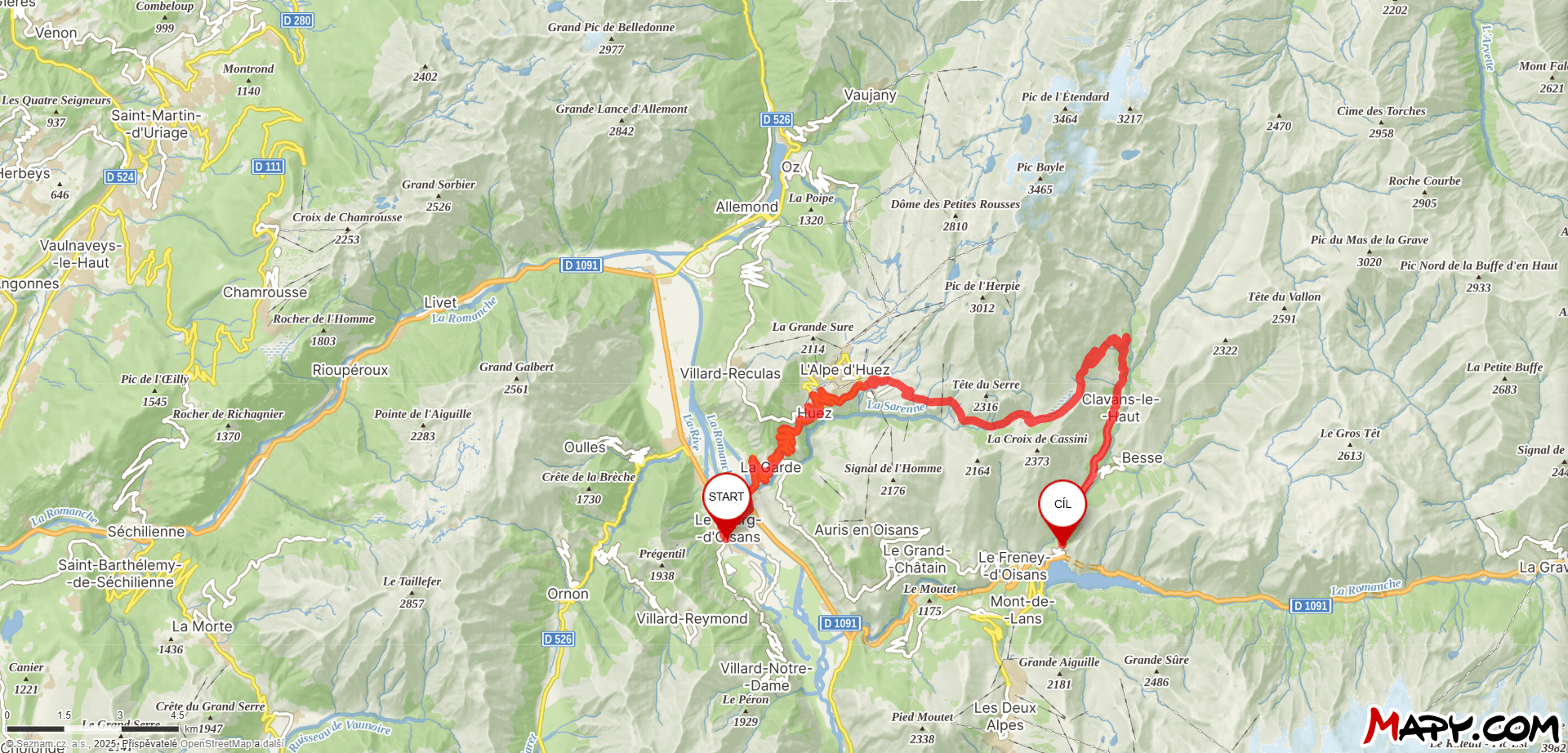 Mapa průsmyku Col de Sarenne