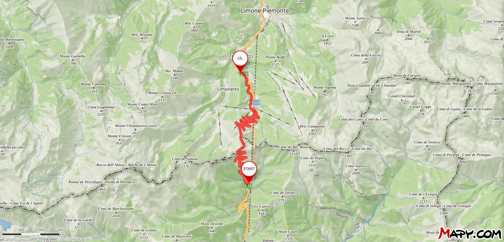 Mapa průsmyku Col de Tende