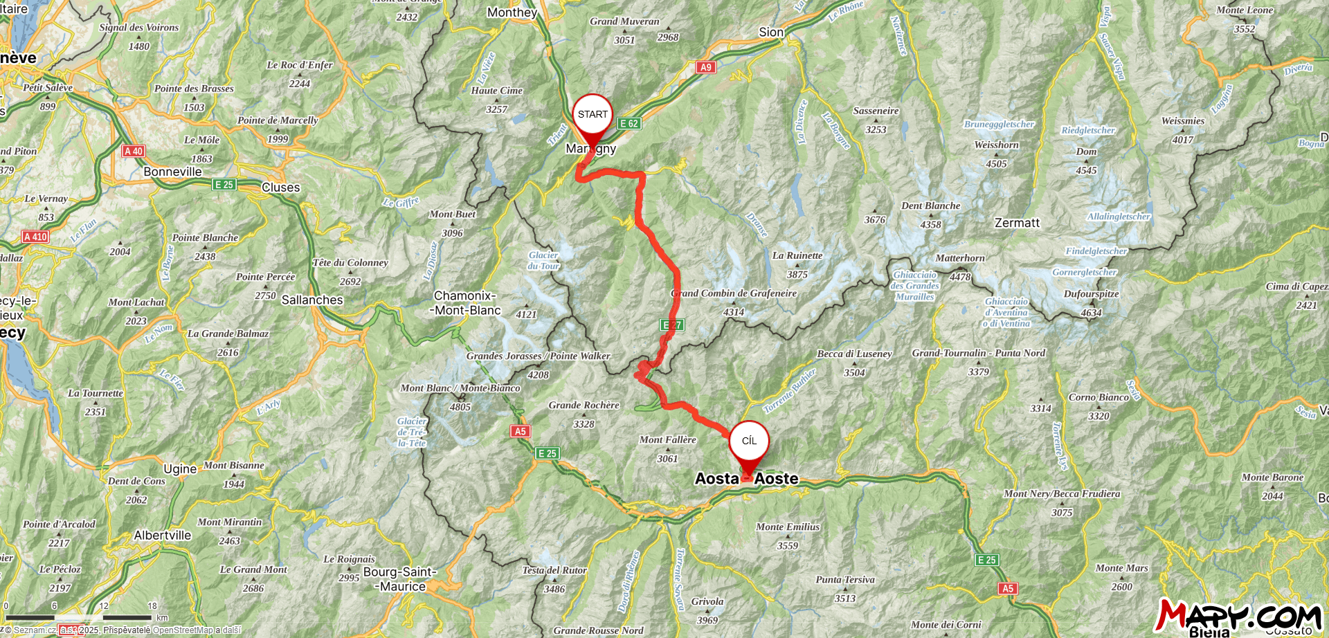 Mapa průsmyku Col du Grand Saint Bernard