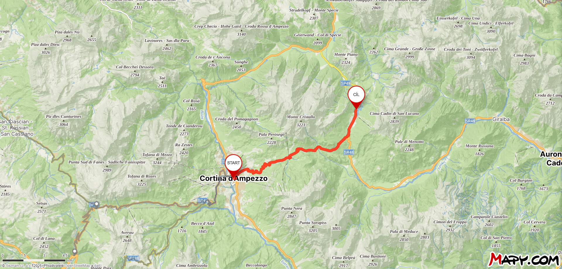 Mapa průsmyku Passo Tre Croci