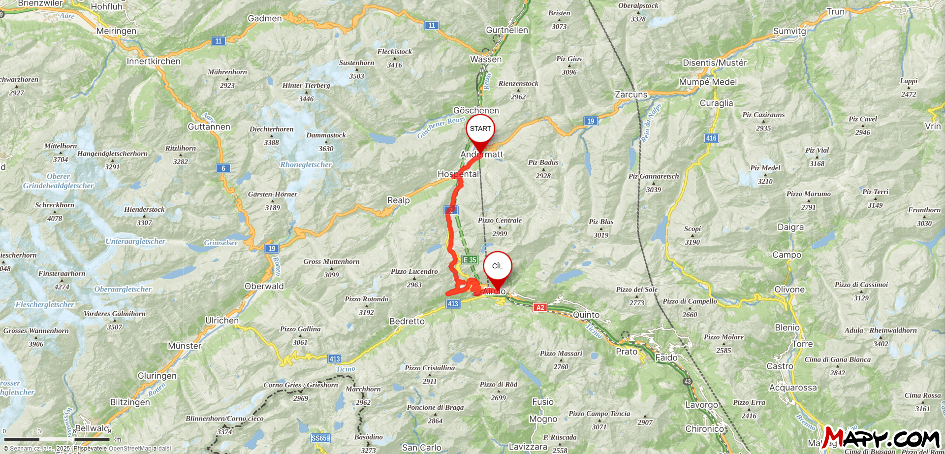 Mapa průsmyku Sankt Gotthard